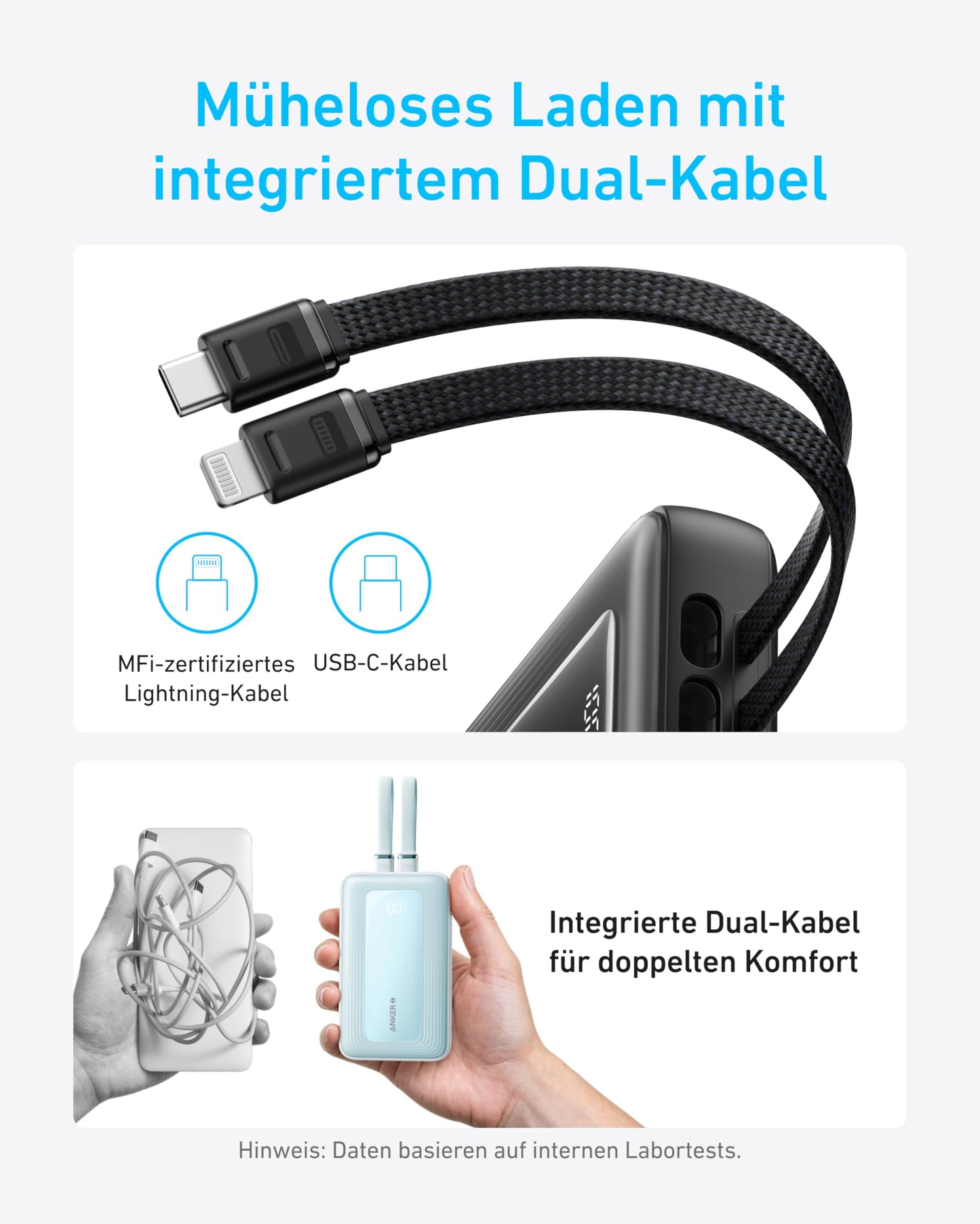 Anker Zolo Powerbank (10.000mAh, integriertes USB-C undLightning-Kabel)