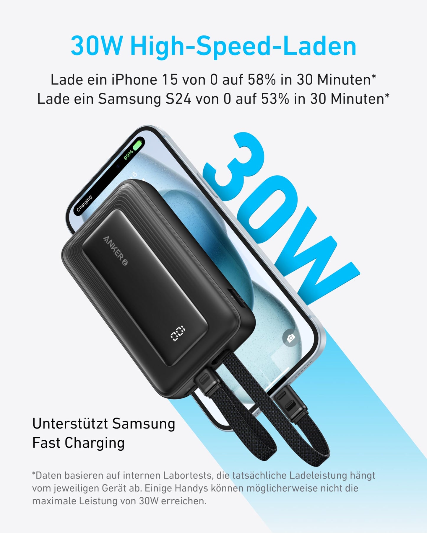 Anker Zolo Powerbank (10.000mAh, integriertes USB-C undLightning-Kabel)