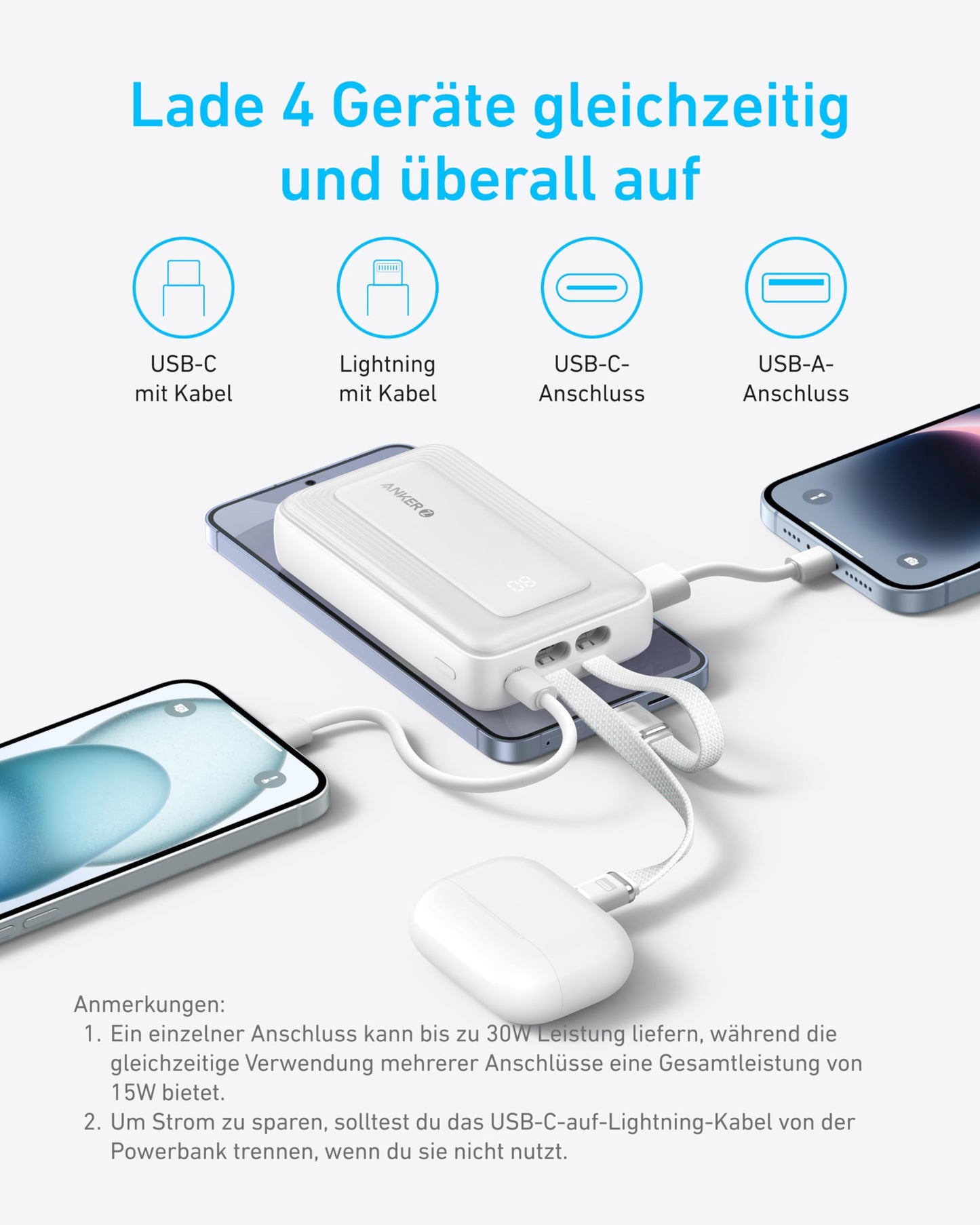 Anker Zolo Powerbank (10.000mAh, integriertes USB-C undLightning-Kabel)
