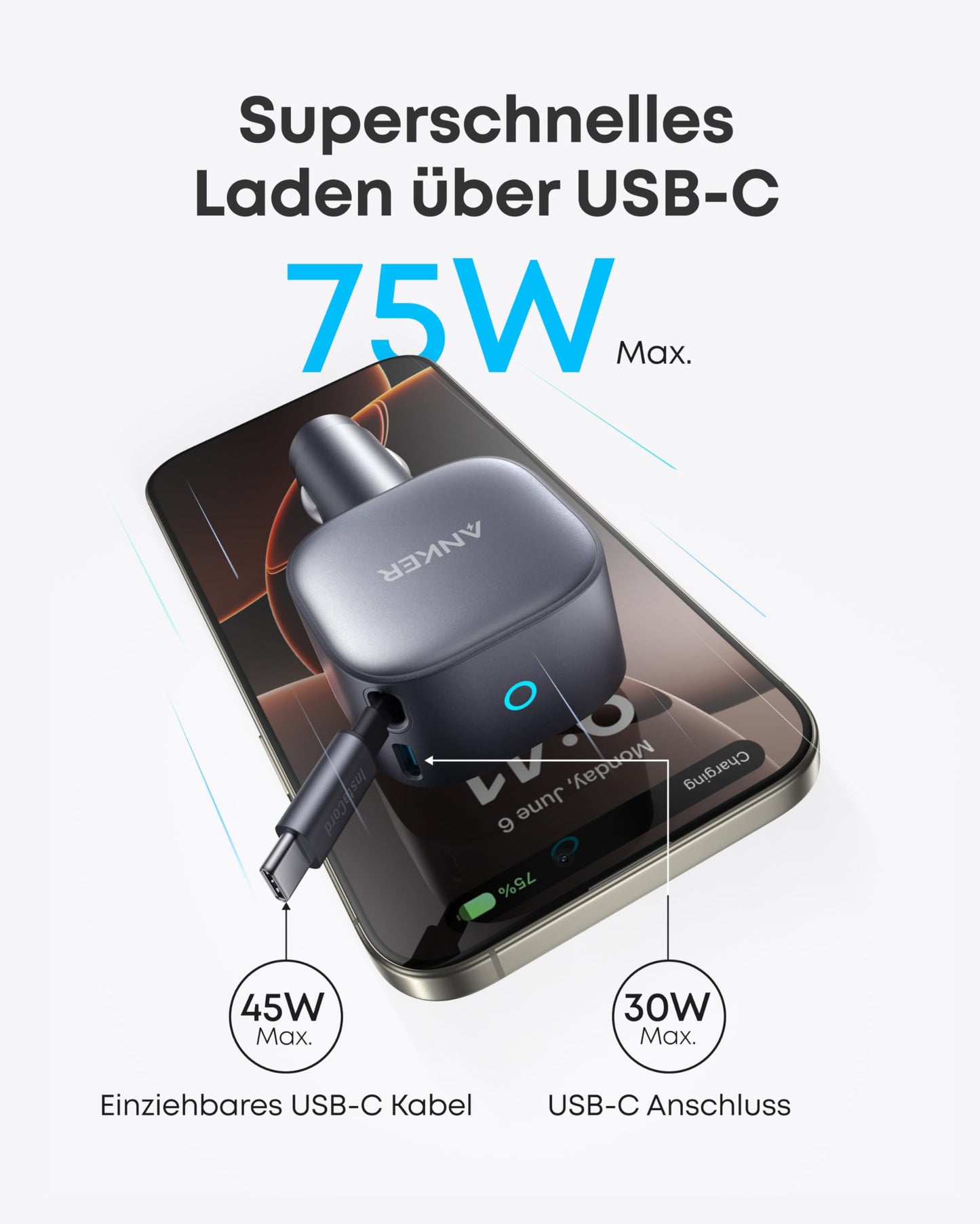 Anker Nano Kfz-Ladegerät (75W, USB-C Port, Integriertes einziehbares USB-C Kabel)