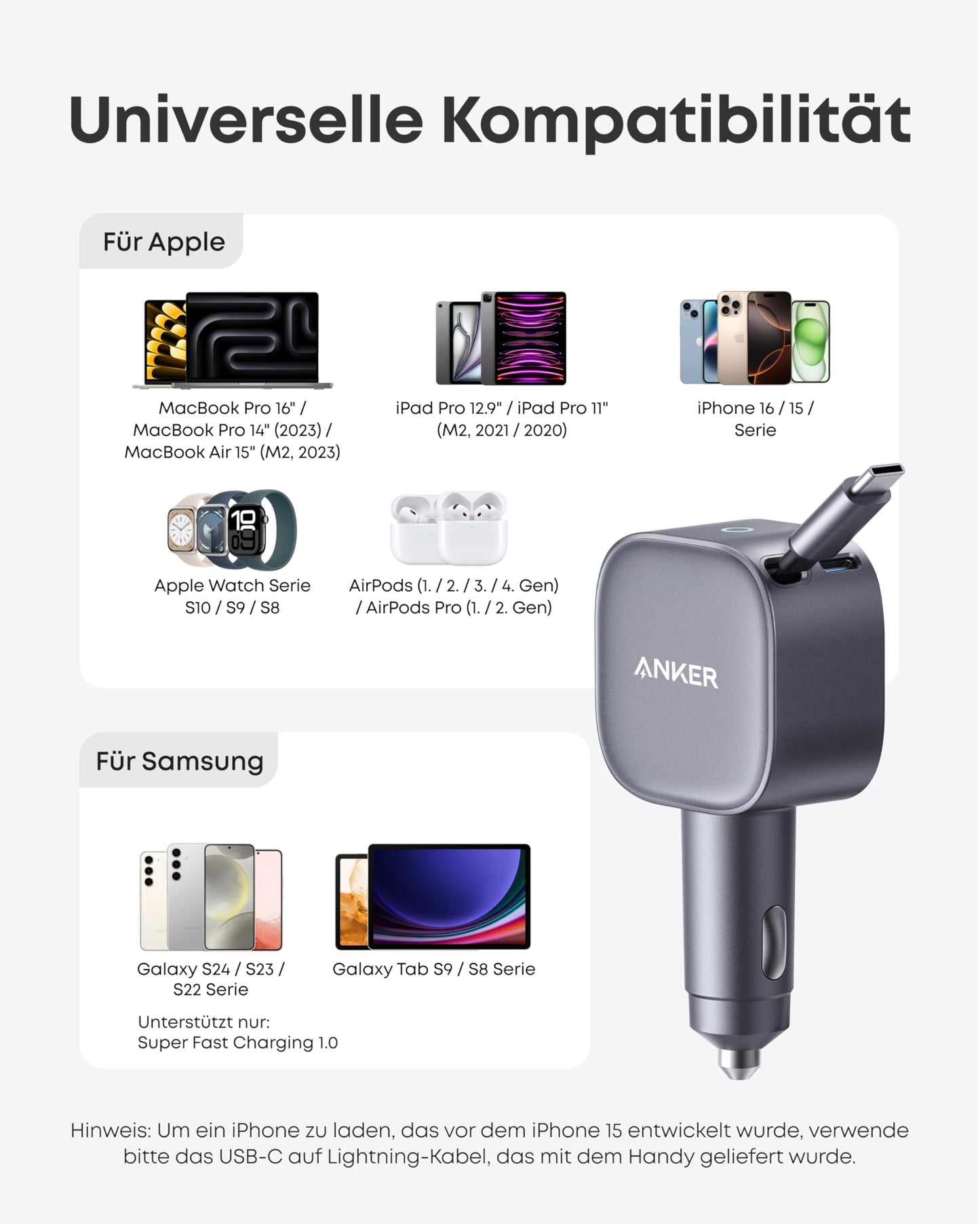 Anker Nano Kfz-Ladegerät (75W, USB-C Port, Integriertes einziehbares USB-C Kabel)