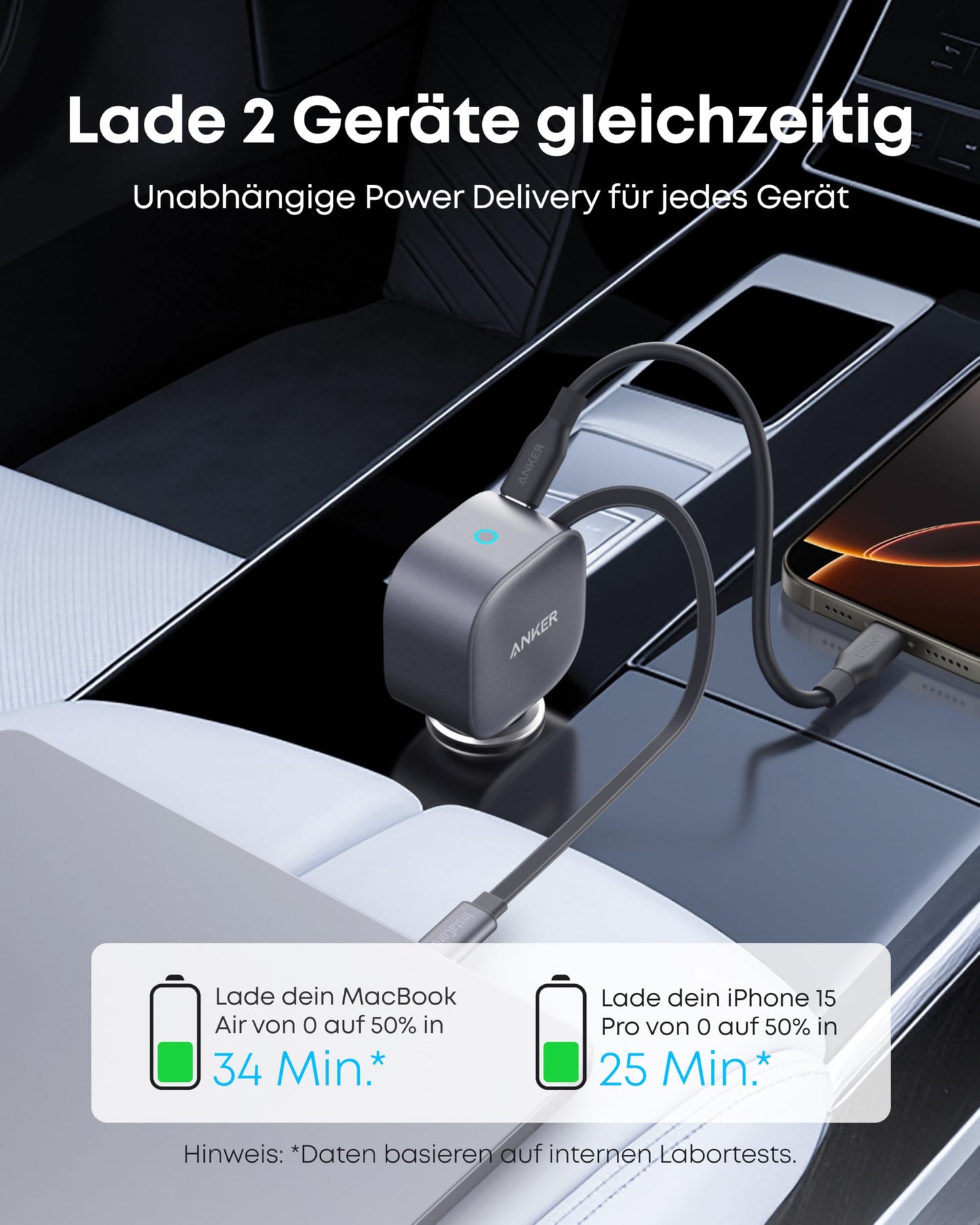 Anker Nano Kfz-Ladegerät (75W, USB-C Port, Integriertes einziehbares USB-C Kabel)