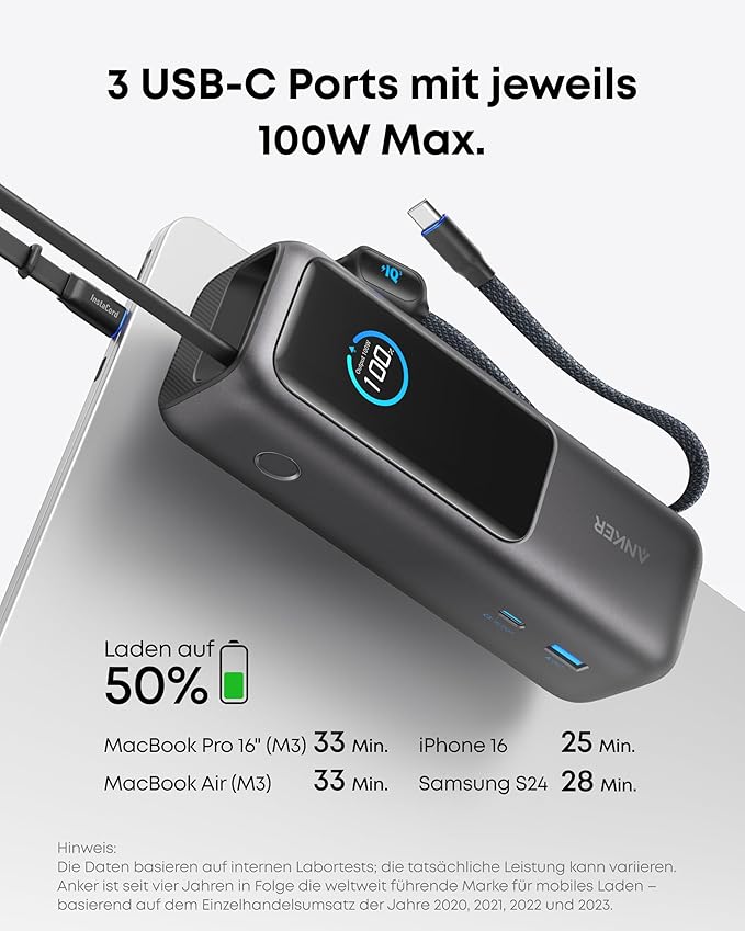 Anker Powerbank (25K, 165W, Integriertes + einziehbares Kabel)+Anker Ladegerät (140W, 4-Port, PD 3.1) mit USB-C Kabel