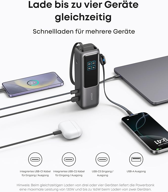Anker Powerbank (25K, 165W, Integriertes + einziehbares Kabel)+Anker Ladegerät (140W, 4-Port, PD 3.1) mit USB-C Kabel