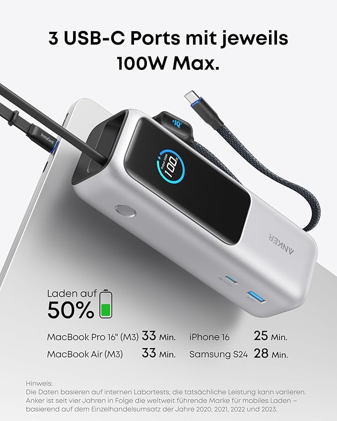 Anker Powerbank (25K, 165W, Integriertes + einziehbares Kabel)+Anker Ladegerät (140W, 4-Port, PD 3.1) mit USB-C Kabel