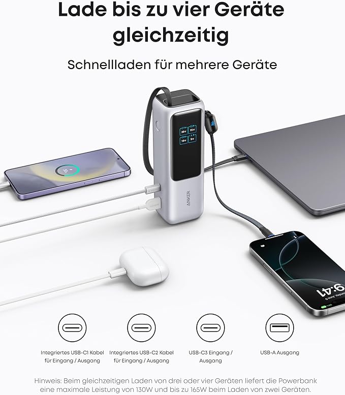 Anker Powerbank (25K, 165W, Integriertes + einziehbares Kabel)+Anker Ladegerät (140W, 4-Port, PD 3.1) mit USB-C Kabel