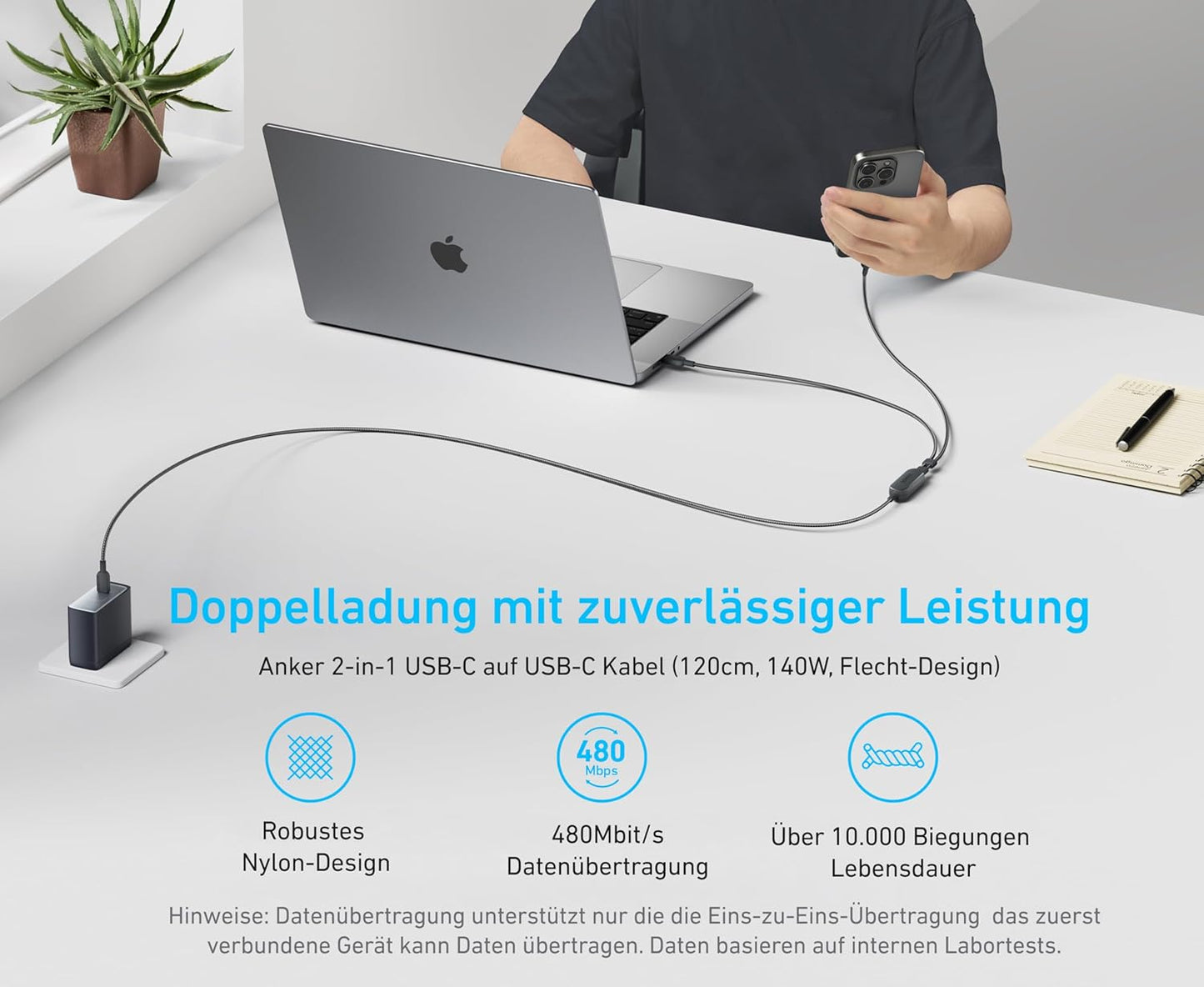 Anker 2-in-1 USB-C auf USB-C Kabel (120cm, 140W, Flecht-Design)