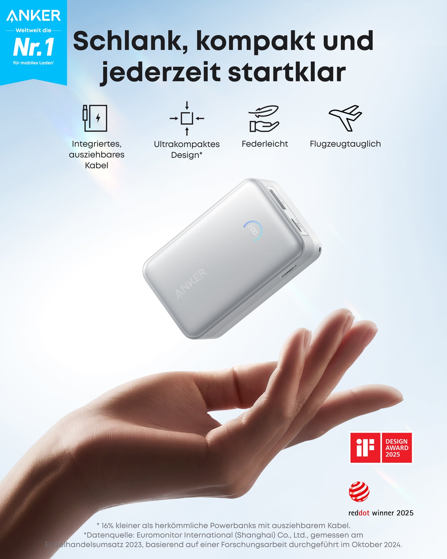 Anker Nano Powerbank (10K, 45W, Integriertes einziehbares USB-C Kabel)
