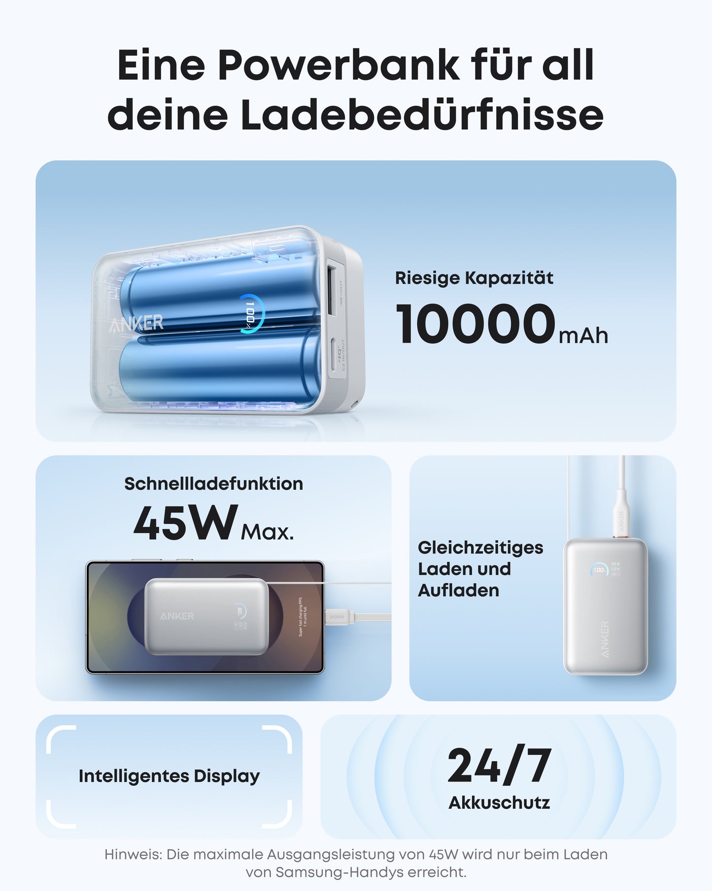 Anker Nano Powerbank (10K, 45W, Integriertes einziehbares USB-C Kabel)