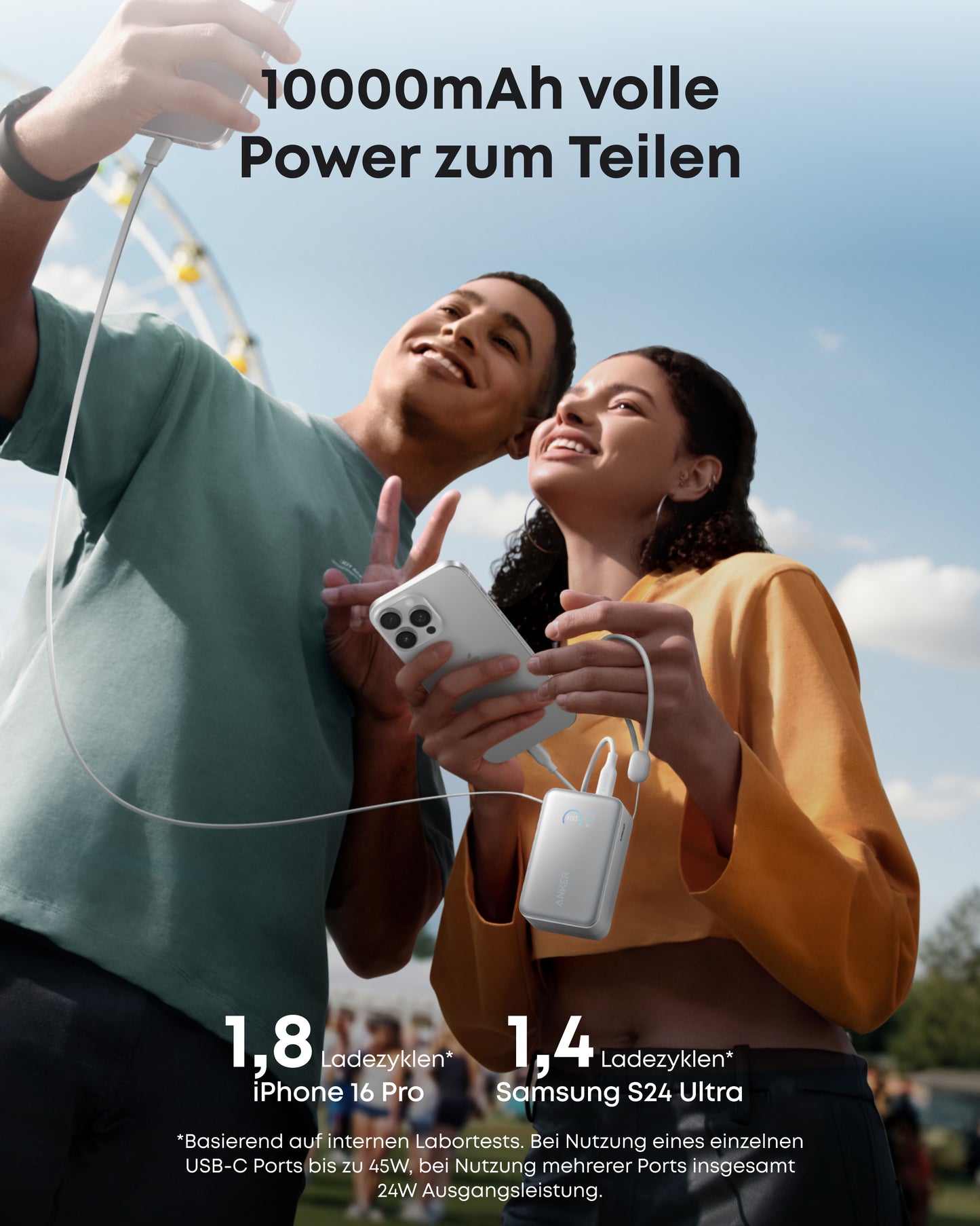 Anker Nano Powerbank (10K, 45W, Integriertes einziehbares USB-C Kabel)