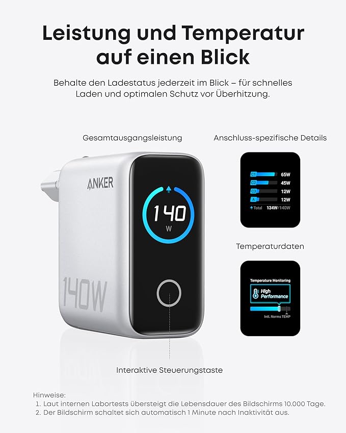 Anker Powerbank (25K, 165W, Integriertes + einziehbares Kabel)+Anker Ladegerät (140W, 4-Port, PD 3.1) mit USB-C Kabel