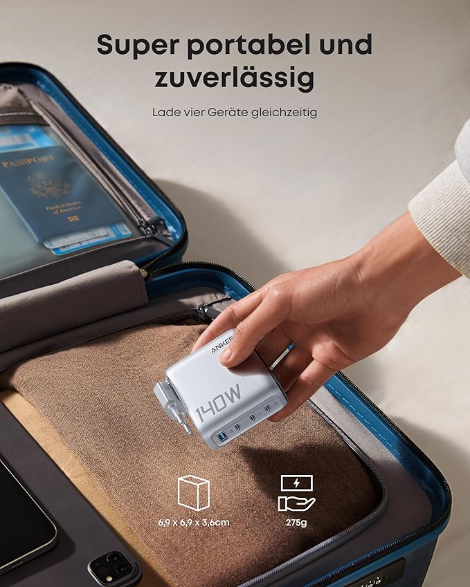 Anker Powerbank (25K, 165W, Integriertes + einziehbares Kabel)+Anker Ladegerät (140W, 4-Port, PD 3.1) mit USB-C Kabel