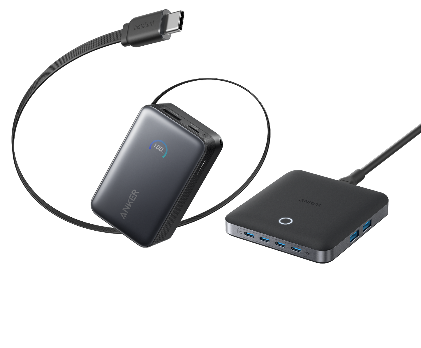 Anker Nano Powerbank (10K, 45W, Integriertes einziehbares USB-C Kabel)+Anker Nano Ladegerät (130W, 6 Ports)