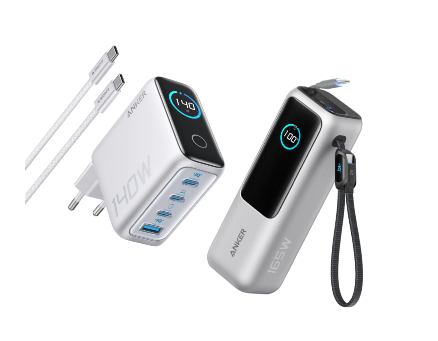 Anker Powerbank (25K, 165W, Integriertes + einziehbares Kabel)+Anker Ladegerät (140W, 4-Port, PD 3.1) mit USB-C Kabel