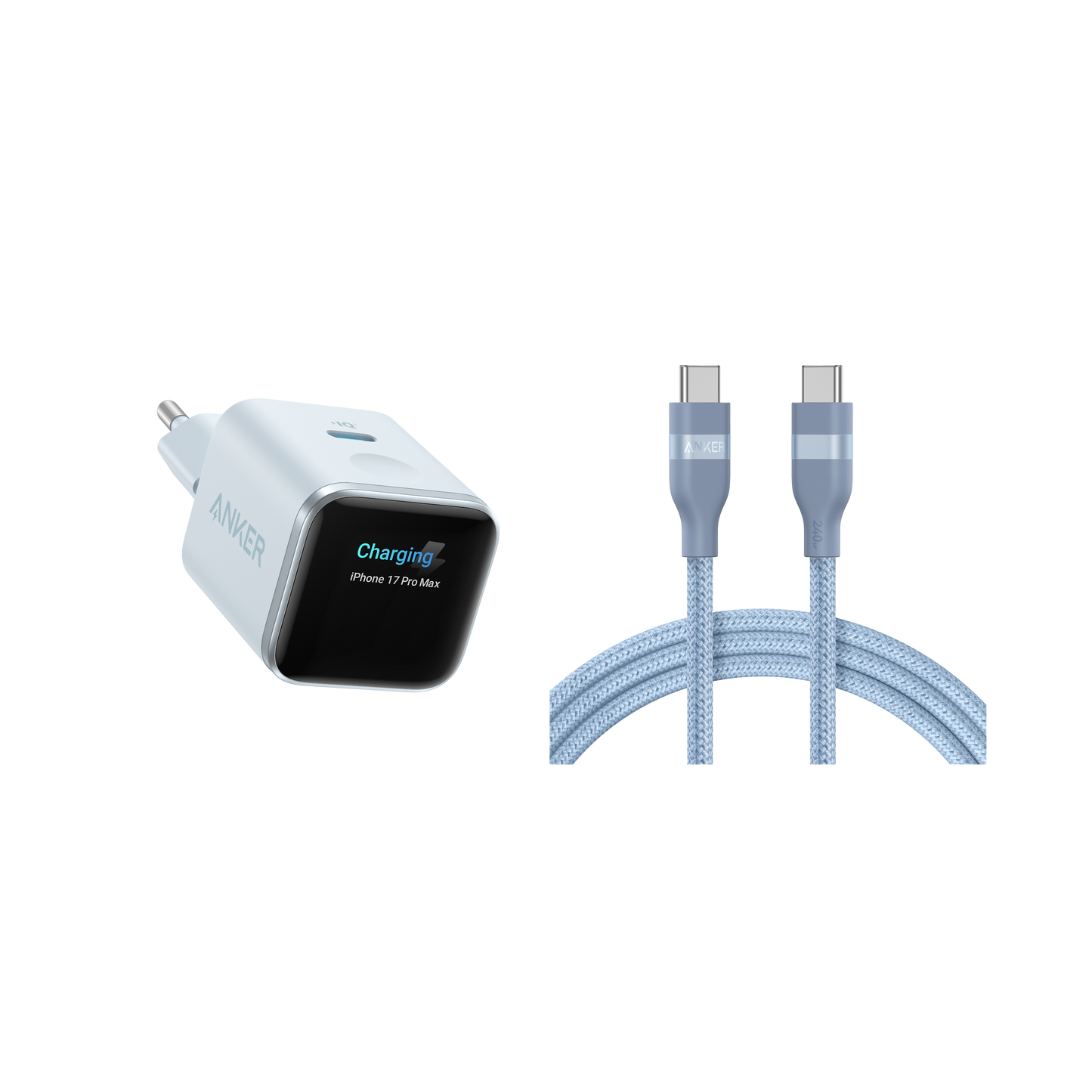 Anker Nano Ladegerät (45W, Smart Display)+Anker USB-C auf USB-C Kabel (90cm/180cm, 240W, Upcycled-Geflochten)