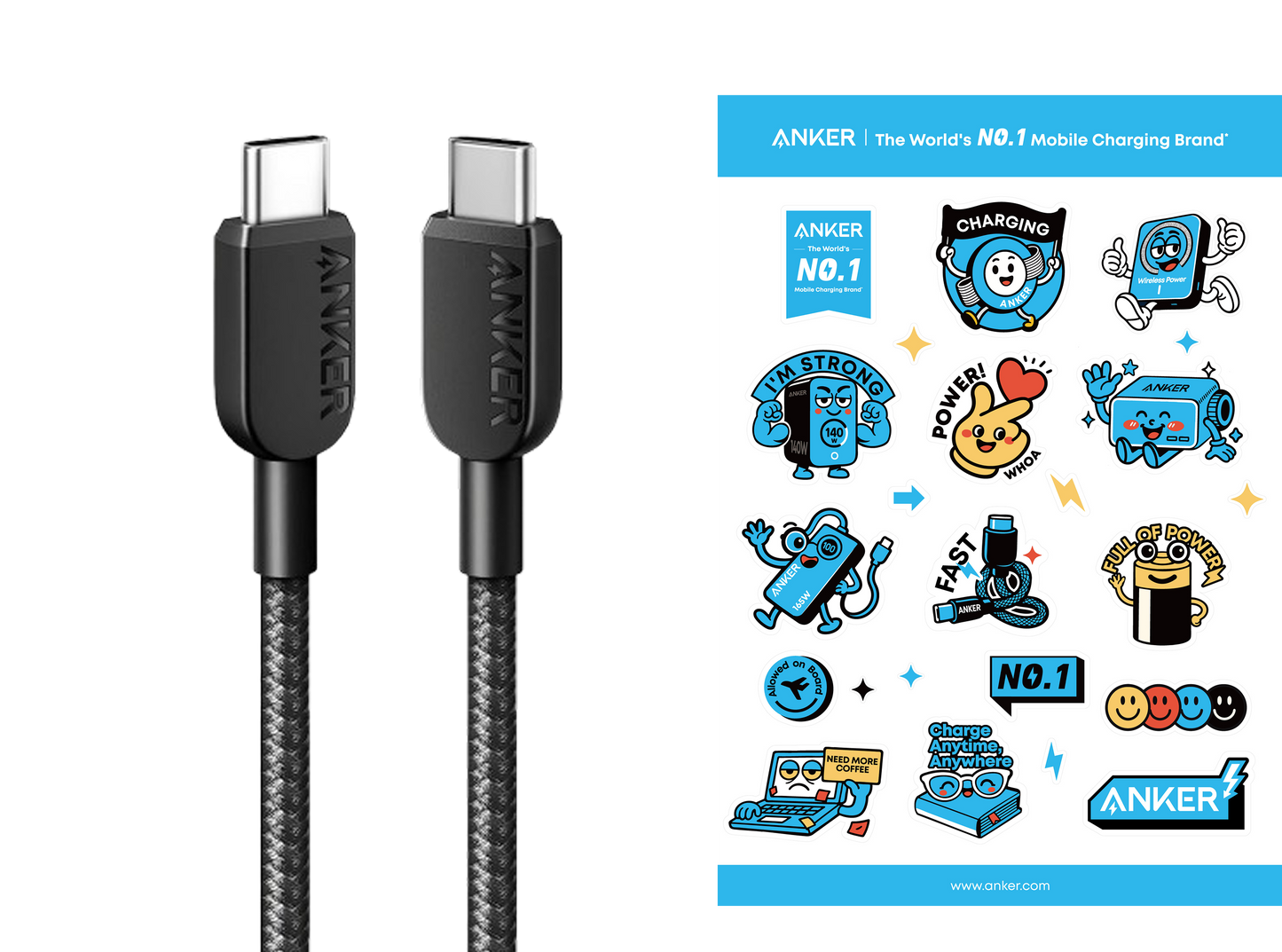 Anker <b>310</b> USB-C auf USB-C Ladekabel (3 ft Braided)+Sticker für Studis gratis dazu!