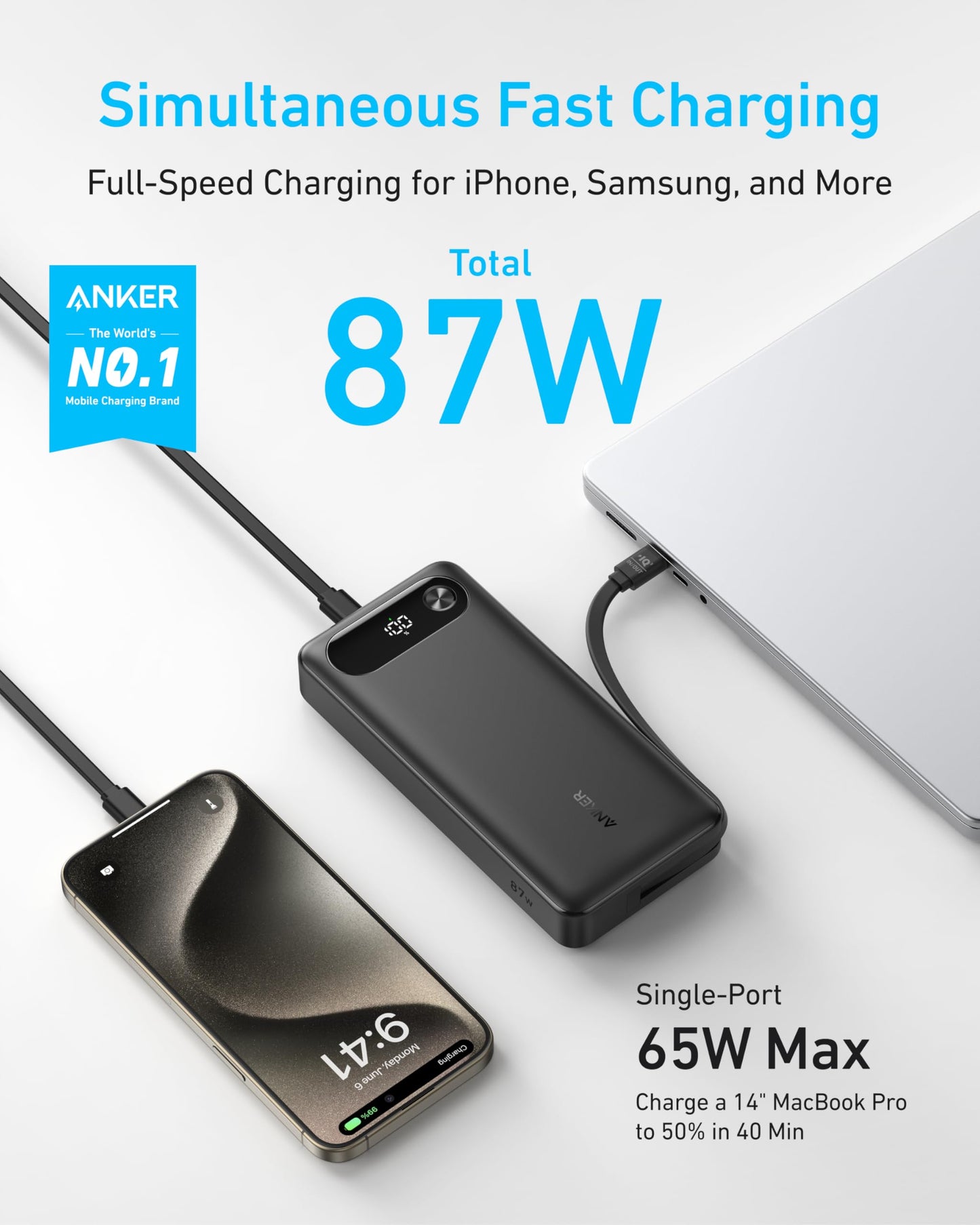 Anker Powerbank (20K, 87W, Integriertes USB-C Kabel)+Anker 2-in-1 USB-C auf USB-C Kabel (120cm, 140W, Flecht-Design)