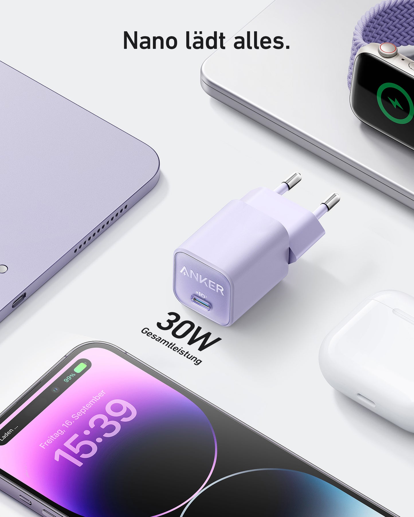 Anker <b>511</b> Ladegerät (Nano 3, 30W) + Anker <b>543</b> USB-C auf USB-C Kabel (Bio)