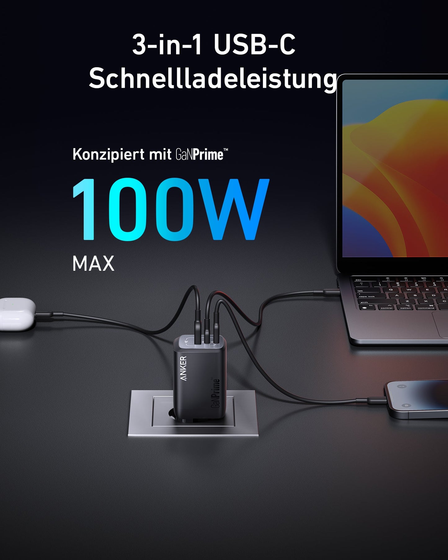 Anker Prime 100W GaN Wandladegerät (3 Ports)