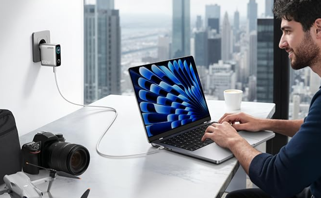 Anker Laptop-Ladegerät lädt MacBook am Arbeitsplatz auf.