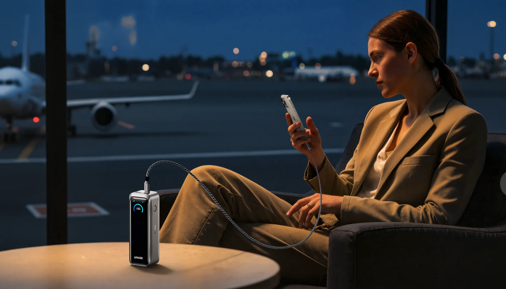 Tragbare Anker Prime Powerbank lädt Smartphone im Flughafen-Wartebereich für mobiles Arbeiten unterwegs.