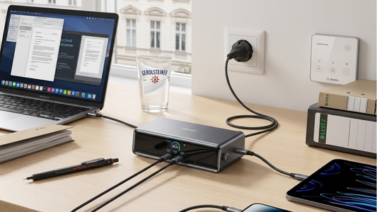 Dockingstation im Büro-Setup mit Laptop, Tablet und mehreren verbundenen Geräten auf einem aufgeräumten Arbeitsplatz.