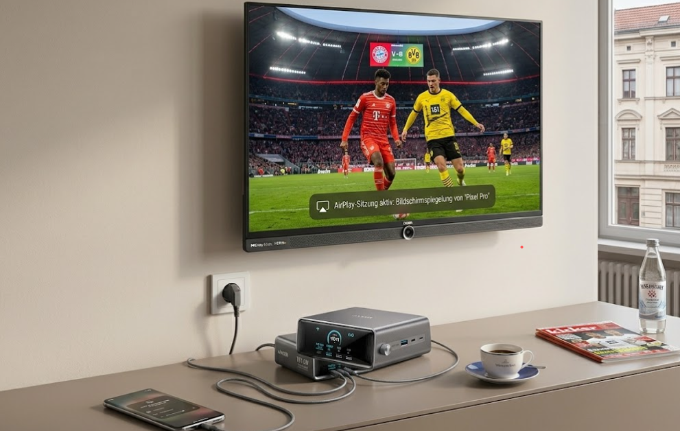Ein Anker Prime Ladegerät auf einem Sideboard lädt ein Smartphone auf, während ein TV darüber hängt.
