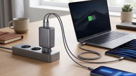 iPhone schnell laden unterwegs mit einem Wandladegerät in einer modernen Lounge oder Wartebereich-Situation.