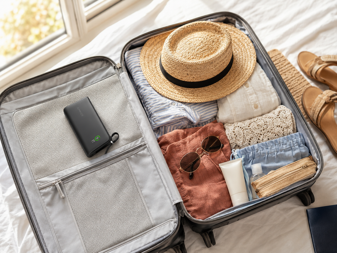 Anker Nano Powerbank im gepackten Sommerurlaubskoffer 
