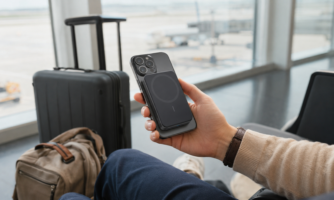 Reisender lädt Smartphone mit Anker MagGo Powerbank am Flughafen