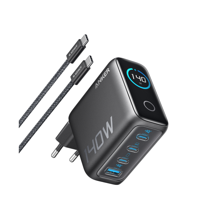 Anker Ladegerät (140W, 4-Port, PD 3.1) mit USB-C Kabel+Anker Prime USB-C auf USB-C Kabel (240W, Upcycled-Flechtdesign, 1.8m)