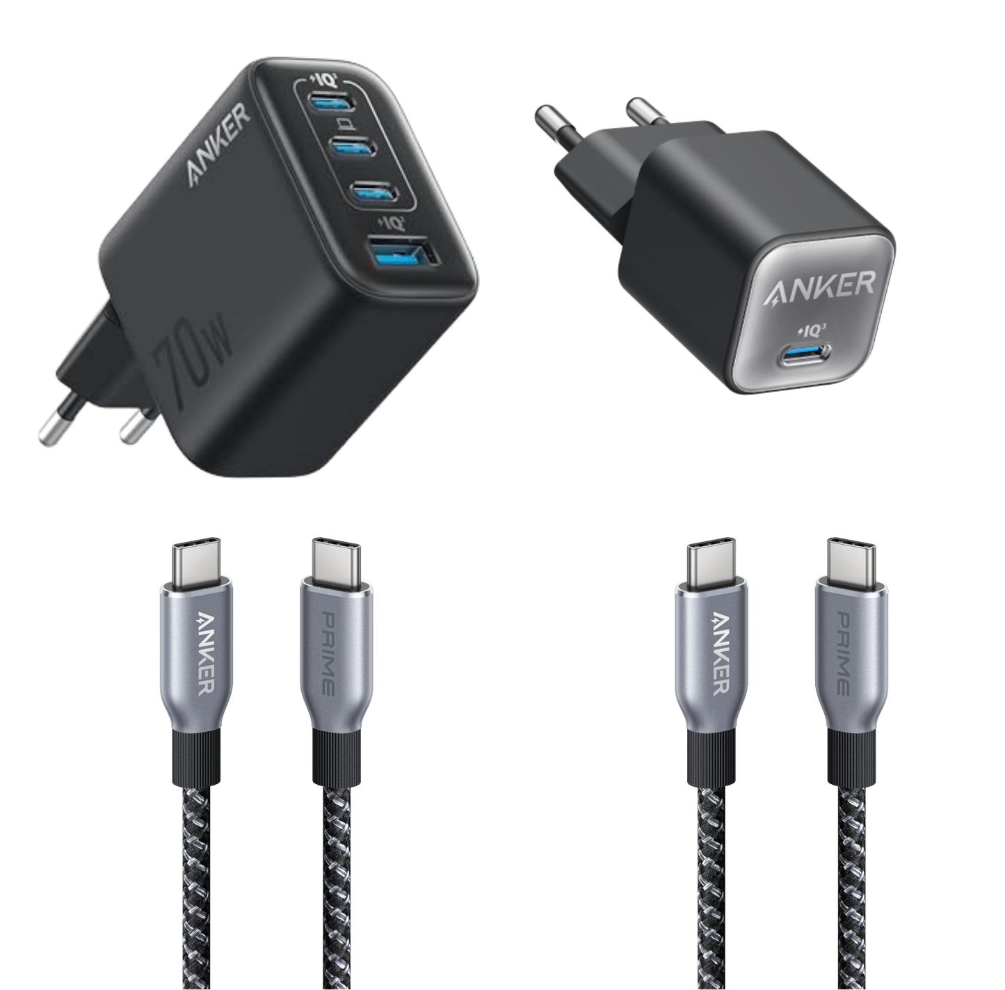 Anker Zolo Ladegerät (70W, 4 Ports) + Anker 511 Ladegerät (Nano 3, 30W) + Anker Prime USB-C auf USB-C Kabel Doppelpack (0,9m, 240W, Upcycled-Flechtdesign)