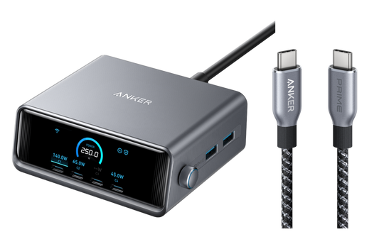 Anker Prime Ladegerät (250W, 6 Ports, GaNPrime) + Anker Prime USB-C auf USB-C Kabel (240W, Upcycled-Flechtdesign, 0.9m)