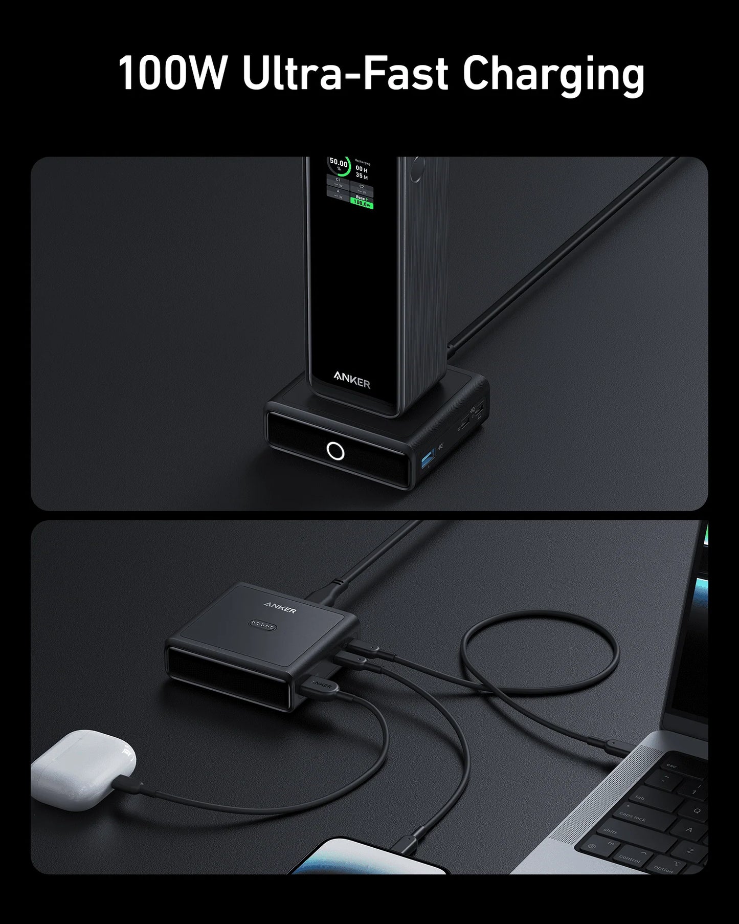 Anker Prime Powerbank (26K, 300W)+Anker Prime USB-C auf USB-C Kabel (240W, Upcycled-Flechtdesign)+Anker 100W Ladestation für Anker Prime Powerbank