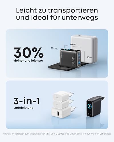 Anker 3-in-1 Ladewürfel mit MagSafe + Anker Ladegerät (100W, 3 Ports, Smart Display) mit USB-C Kabel