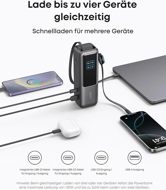Anker Prime Ladegerät (160W, 3 Ports, GaNPrime）+ Anker Powerbank (25K, 165W, Integriertes + einziehbares Kabel)