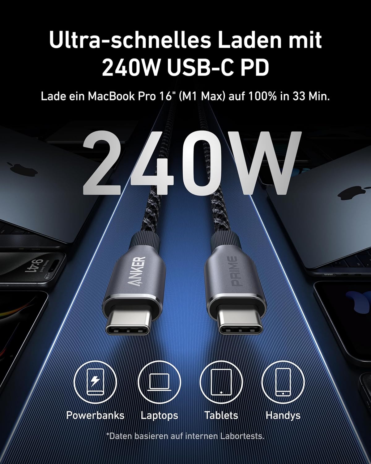 Anker Ladegerät (140W, 4-Port, PD 3.1) mit USB-C Kabel+Anker Prime USB-C auf USB-C Kabel (240W, Upcycled-Flechtdesign, 1.8m)