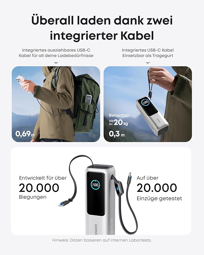 Anker Powerbank (25K, 165W, Integriertes + einziehbares Kabel)