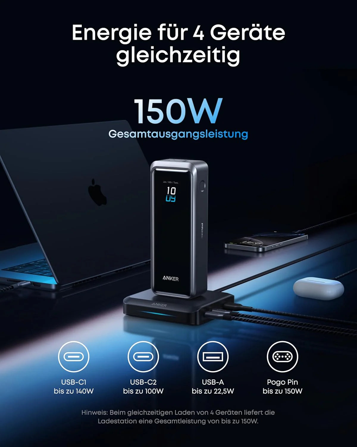 Anker Prime Powerbank (20K, 220W) + Anker Prime Ladebasis (150W, 3 Ports)