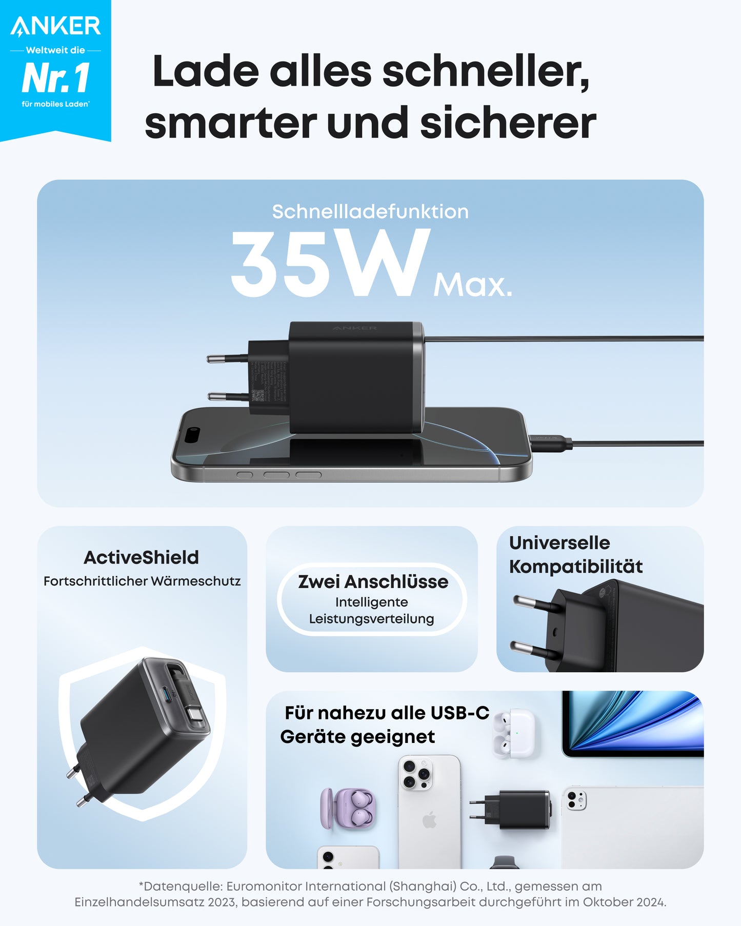 Anker Nano Ladegerät (35W, Integriertes einziehbares USB-C Kabel)