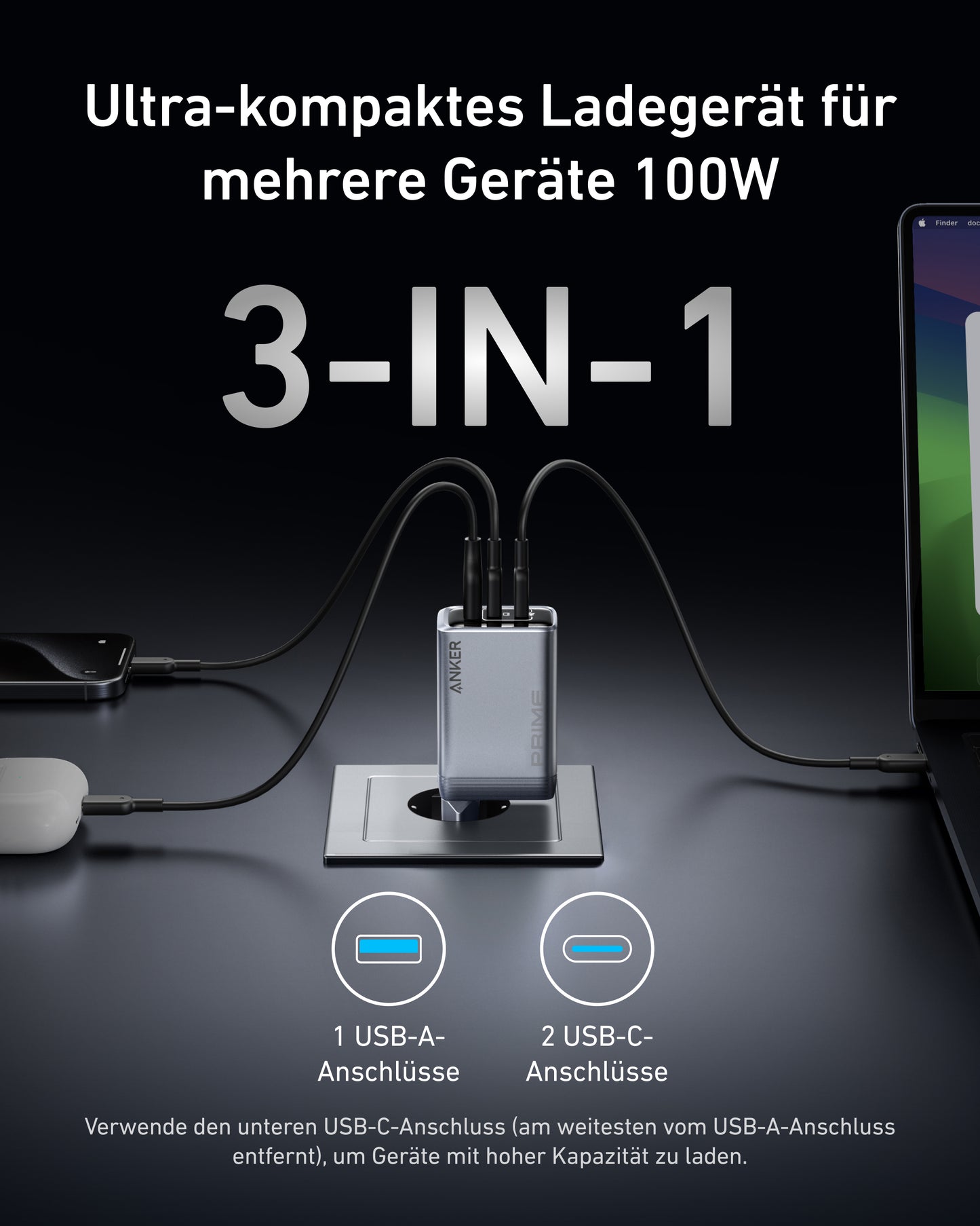 Anker Prime Ladegerät (100W, 3 Ports, GaN)+Anker Prime USB-C auf USB-C Kabel (240W, Upcycled-Flechtdesign)