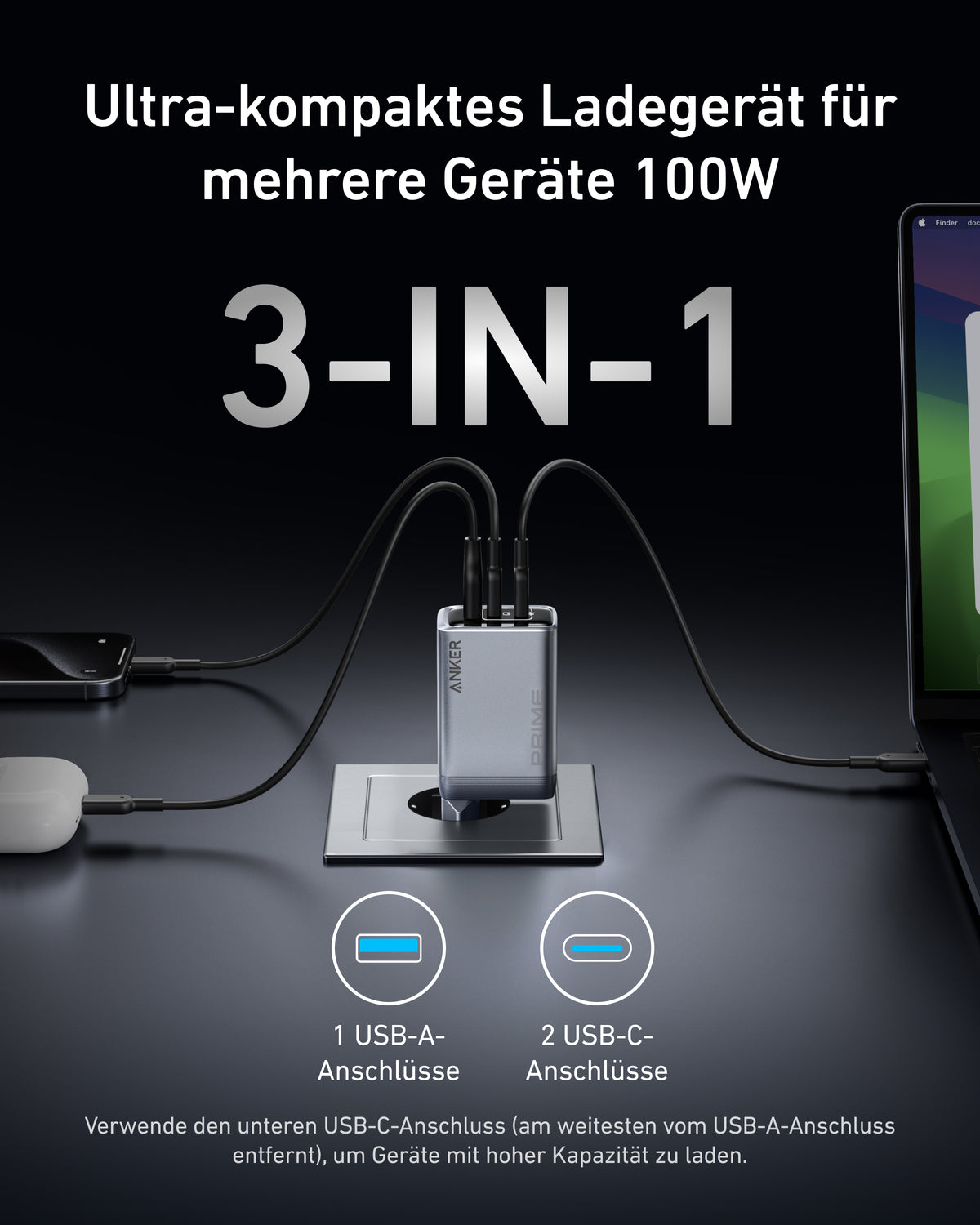 Anker Prime Ladegerät (100W, 3 Ports, GaN)