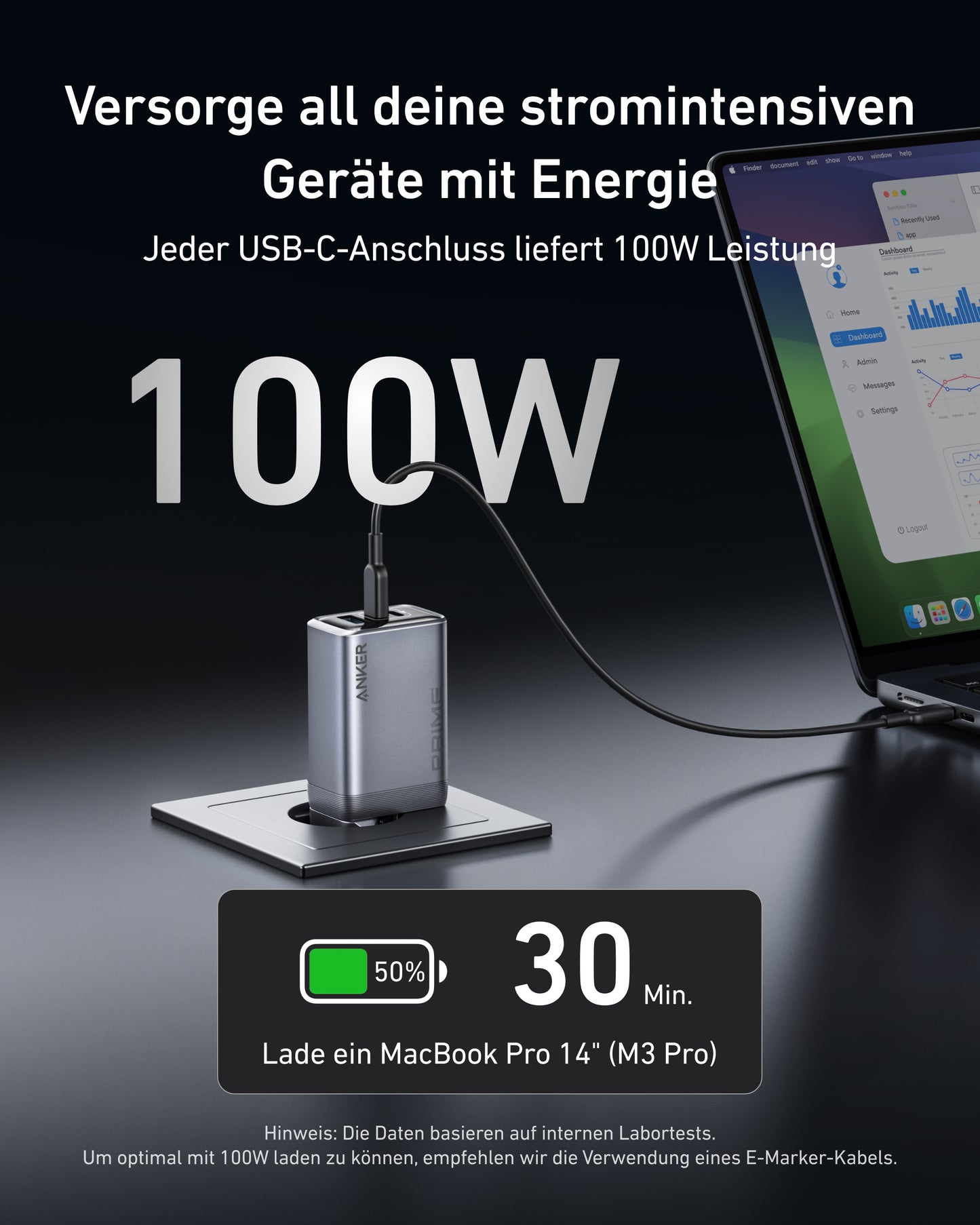 Anker Prime Ladegerät (100W, 3 Ports, GaN)+Anker Prime USB-C auf USB-C Kabel (240W, Upcycled-Flechtdesign)