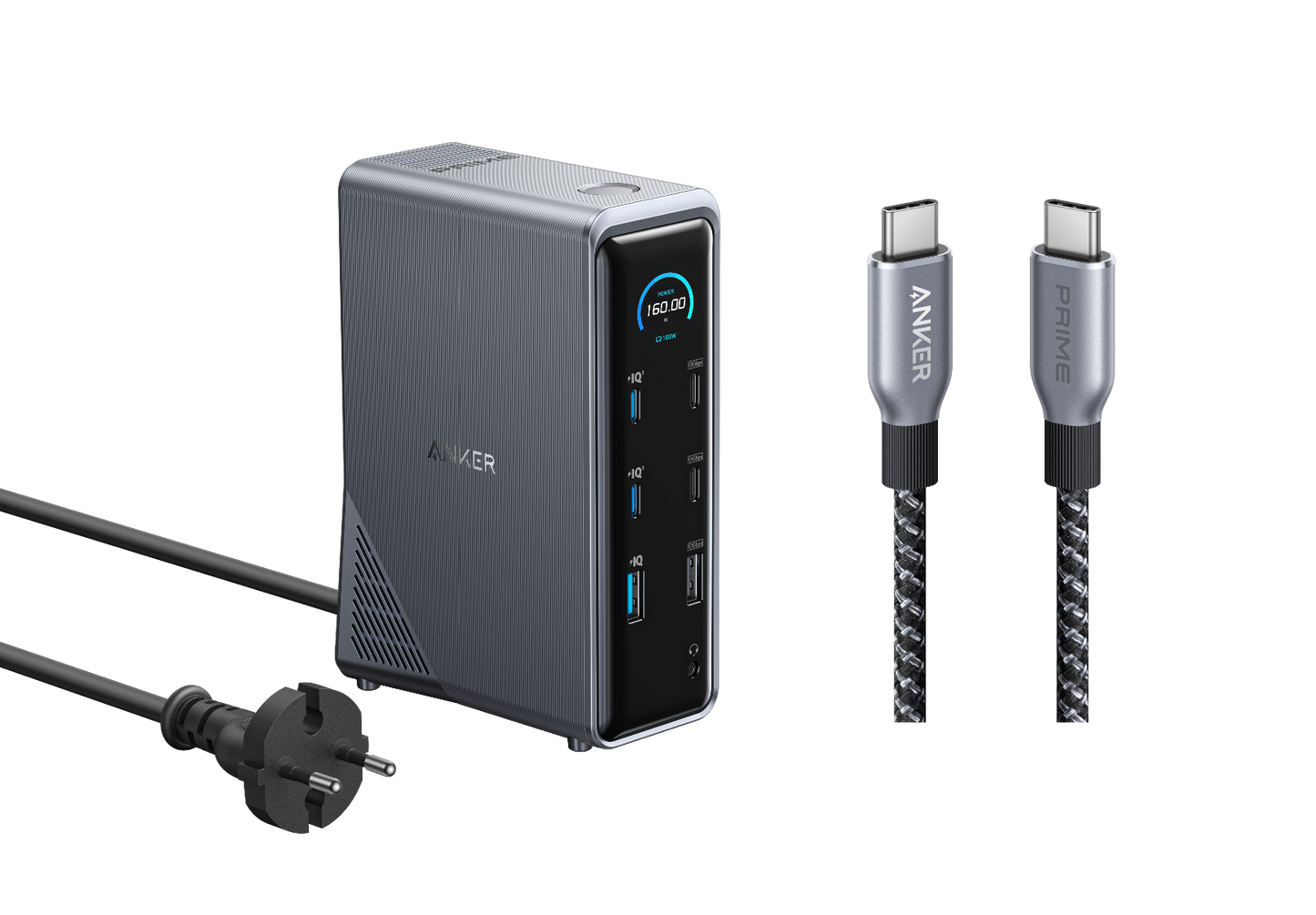 Anker Prime Ladedock (14-in-1, Duales Display, 160W) + Anker Prime USB-C auf USB-C Kabel (0,9m, 240W, Upcycled-Flechtdesign)
