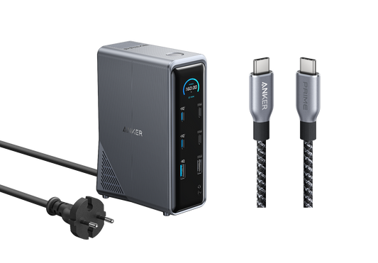 Anker Prime Ladedock (14-in-1, Duales Display, 160W) + Anker Prime USB-C auf USB-C Kabel (0,9m, 240W, Upcycled-Flechtdesign)