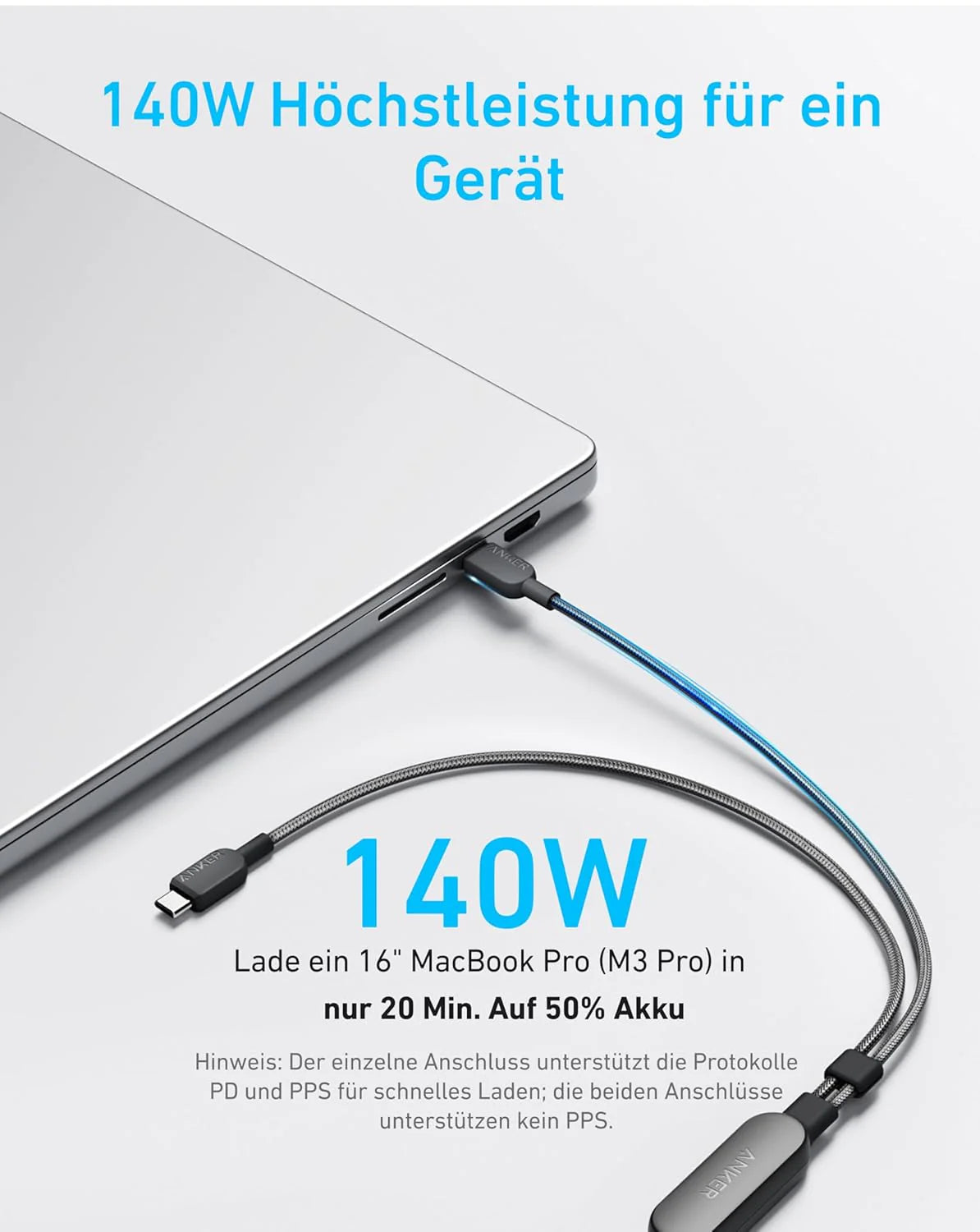 Anker <b>715</b> Ladegerät (Nano II 65W) + Anker 2-in-1 USB-C auf USB-C Kabel (120cm, 140W, Flecht-Design)