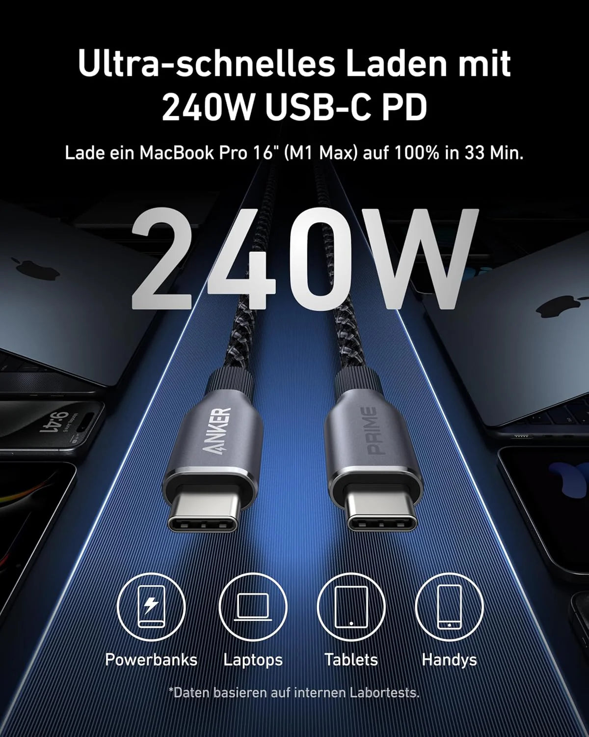 Anker Prime Ladegerät (100W, 3 Ports, GaN) + Anker Prime USB-C auf USB-C Kabel (1.8m, 240W, Upcycled-Flechtdesign)
