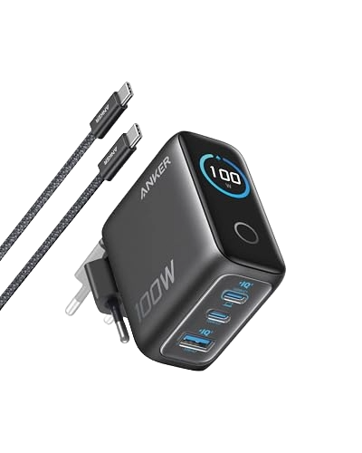 Anker Ladegerät (100W, 3 Ports, Smart Display) mit USB-C Kabel