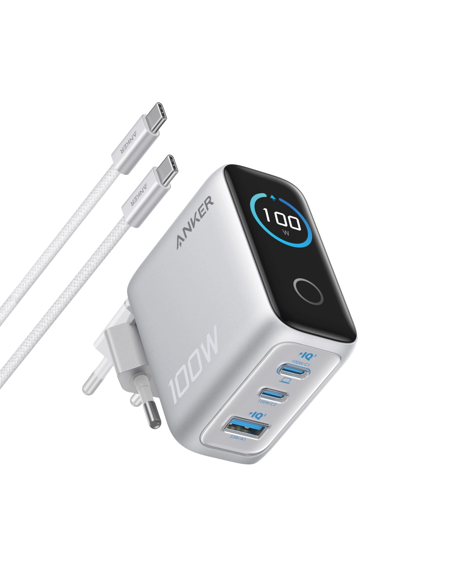 Anker Ladegerät (100W, 3 Ports, Smart Display) mit USB-C Kabel