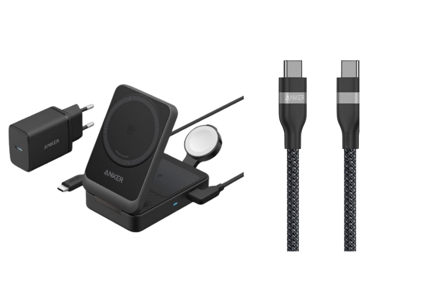 Anker MagGo Kabellose Ladestation (Faltbar 3-in-1) + Anker USB-C auf USB-C Kabel (90cm, 240W, Upcycled-Geflochten)
